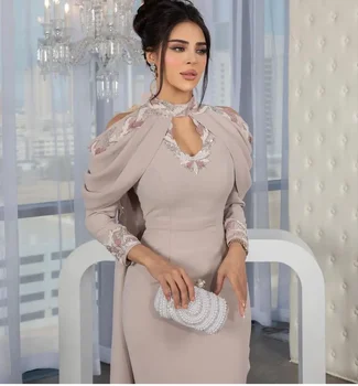 2023 Женски Луксозни вечерни рокли с дълъг ръкав, V-образно деколте, Саудитска Арабия, по-големи размери, рокли за абитуриентски бал с дължина до щиколоток, официално сватбена рокля за партита