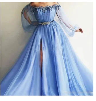 Сини вечерни рокли с отворени рамене 2024, дълги буйни ръкав, апликация от мъниста, тюл, Сватбената рокля трапецовидна форма, рокля за абитуриентски бал, рокля на шаферка