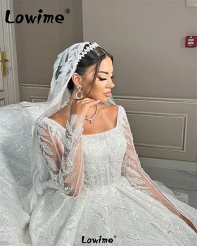 Низкопробный перли с дълги ръкави, расшитый мъниста; сватбени рокли в арабски стил от Дубай; сватбена рокля на принцеса 2024 г.; Бялата сватбена рокля цвят на слонова кост; Роба Де Марье по поръчка