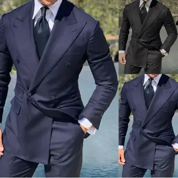 Мъжки костюм, 2 броя, класически, тъмно синьо жаккардовый сватбен костюм за мъже, смокинг, хубаво сако, панталони, оборудвана облекло