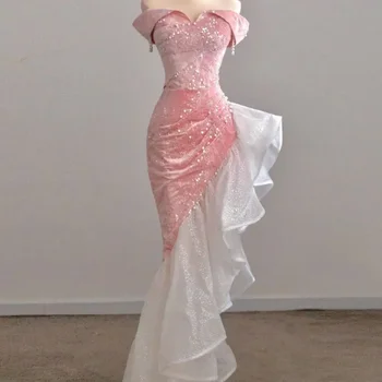 Розова принцеса Русалка, Блестящо кадифе с пайети, Перли, Скъпа, нерегулярная женствена чанта за свещеници, вечерна рокля за абитуриентски бал