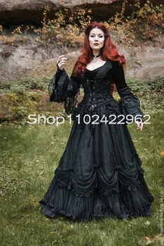 Реколта черни готически рокли за абитуриентски бал с дантела аппликацией в стил фея с дълъг ръкав и рюшами, вечерна рокля в стил Steampunk на Хелоуин