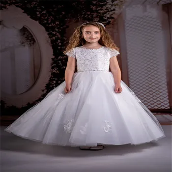 Бели рокли за момичета в цветенце, апликация с пеперуди, Пухкава топка за рожден Ден, Сватба, Първо Причастие, Дълга Официална дрехи, Дейности по индивидуална заявка