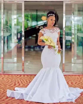 Сватбени рокли на Русалка голям размер, дантелени сватбени рокли с прозрачно деколте и апликации, южна африка Евтина Сватбена рокля
