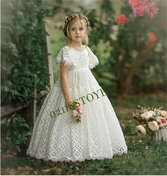 Бели дантелени рокли на цветчета за момичетата, рокля на принцеса за сватби, дантелено рокля за първо причастие, празнична рокля за специални случаи