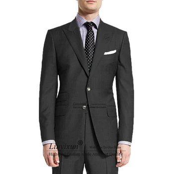 Черни костюми, мъжки оборудвана бизнес сако, мъжки сватбен смокинг за младоженеца-2 броя, яке Daliy, панталони Trajes Elegante Para Hombres