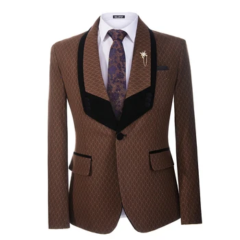 2023 Кафяво яке, сако, мъжки костюм с ретро дизайн, шал с ревера на гърба, ежедневното бизнес палто, едно парче булчински комплект