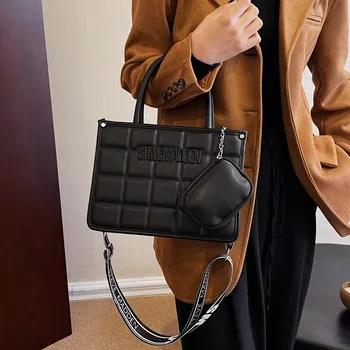 Дамски квадратна чанта-тоут през рамо, естетичен ПУ, Елегантен буквално принт, Дамски чанти през рамо, Горна дръжка, Дамски чанти Харизма