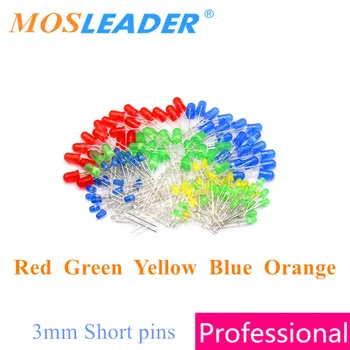 Mosleader 1000шт 3 мм F3 LED Червен Зелен Жълт Син Оранжев амбър Кратки контакти 15-17 мм DIP leds Цвят покажи на цвят Произведено в Китай