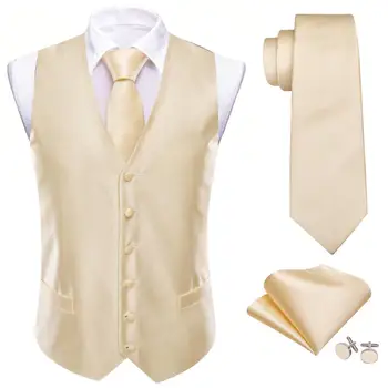 Обикновена жилетки за мъже, златна коприна сватба парти, Бежово жилетка, комплект от вратовръзка, Елегантни мъжки официалната дрехи без ръкави Бари Уонг