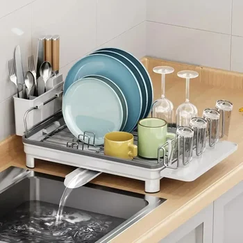 Сушилня за чинии е Лесна за монтаж, с Голям капацитет, купа от неръждаема стомана, сливное устройство за чинии с подвижен държач за съдове, Кухненски притурка