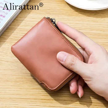 Alirattan 2023 Нова минималистичная чанта за карти от естествена кожа с къс винтажным щипка за пари с цип, ултра-тънък портфейл Zero от телешка кожа