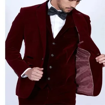 Бордо кадифе, мъжки костюми, оборудвана блейзър от 3 елементи, изработена по поръчка, Вино-червен смокинг за младоженеца на бала нощ, яке + панталон + елек