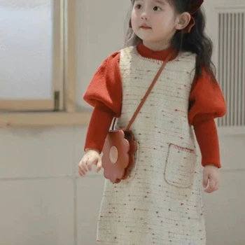 За момичета в корейски стил, есен-зима 2023, ново Цветно рокля-жилетка без ръкави на точки за момичета, топло вязаный пуловер с пузырчатым ръкав, тенденция
