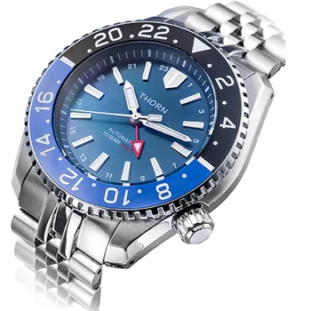 Мъжки часовник за водолази THORN, син циферблат, сапфир стъкло, керамични bezel, функция GMT механизъм за самостоятелно ликвидация, верижка от неръждаема стомана, нажежен до 20 бар.