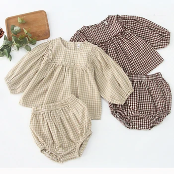 Облекло за новородени момичета Карирани костюмът памук яка с ревери, Риза с дълъг ръкав, Топ + Хляб шорти, Корея, Ежедневни облекла