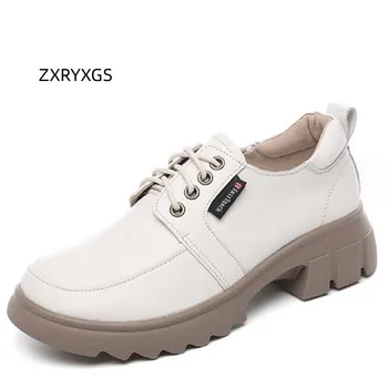 ZXRYXGS Тънки обувки От естествена кожа в Британския стил На дебелите ток 2023 година От Телешка Кожа, Плюс Кадифе Зимни Обувки Топло Удобни Обувки на среден ток