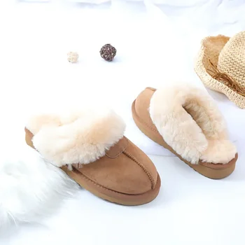 Дамски зимни пантофи от естествена агнешка кожа, Дамски топли домашни чехли от мека вълна, дамски домашни чехли голям размер