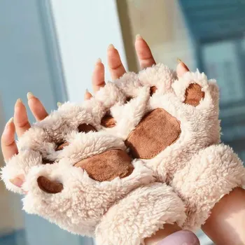 Зимните ръкавици на полпальца, дамски топли котешки ръкавици, уютни и красиви дамски плюшени ръкавици с нокът под формата на котешки лапи, плюшени ръкавици без пръсти