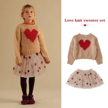 2024 нов зимен комплект памучни пуловери Love knit за малки момчета, Ежедневни удобни палта, дрехи за деца