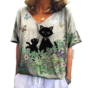 Ретро Дамски тениски с изображение на котка от картун Дрехи за момичета с голям размер Тениска с V образно деколте и къс ръкав Лятна модни и ежедневни дамски дрехи