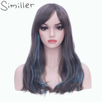 Дълги перуки Similler за жени, синтетични права коса, Огнеупорни сиво Тъмно синя перука с бретон за ежедневна употреба