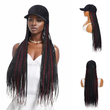 Дълги синтетични перуки в бордо и черно косичке в клетка с 24-инчов натрупване на коса с регулируема шапка-кепкой за черни жени